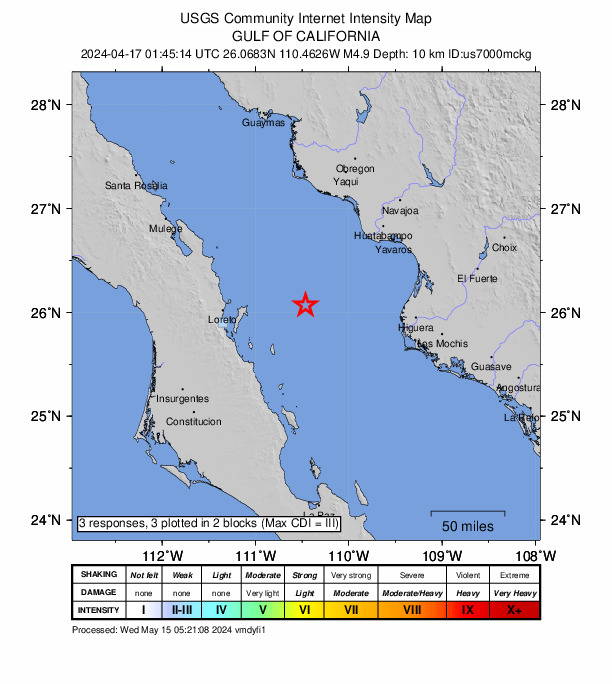 USGS DYFI community-reported intensity map for the M5.0 earthquake near 86 km E of Loreto, Mexico