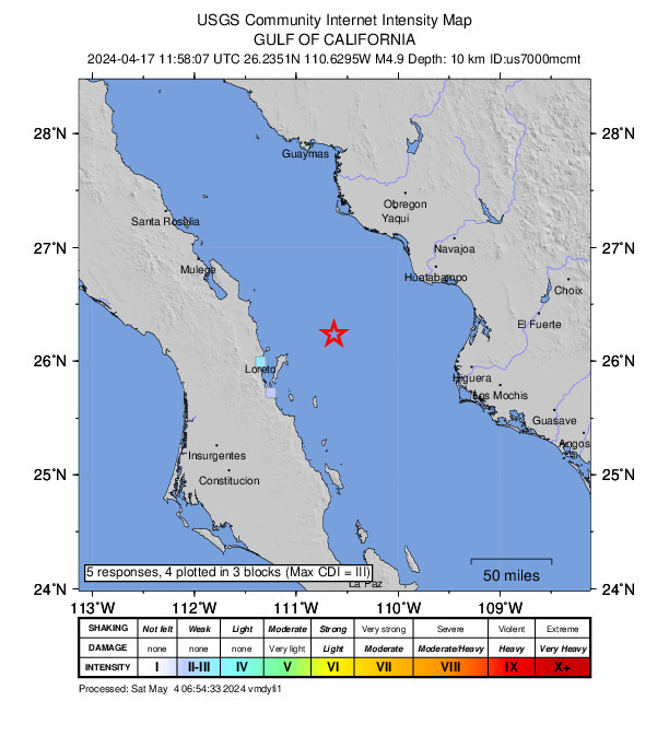USGS DYFI community-reported intensity map for the M4.9 earthquake near 78 km ENE of Loreto, Mexico