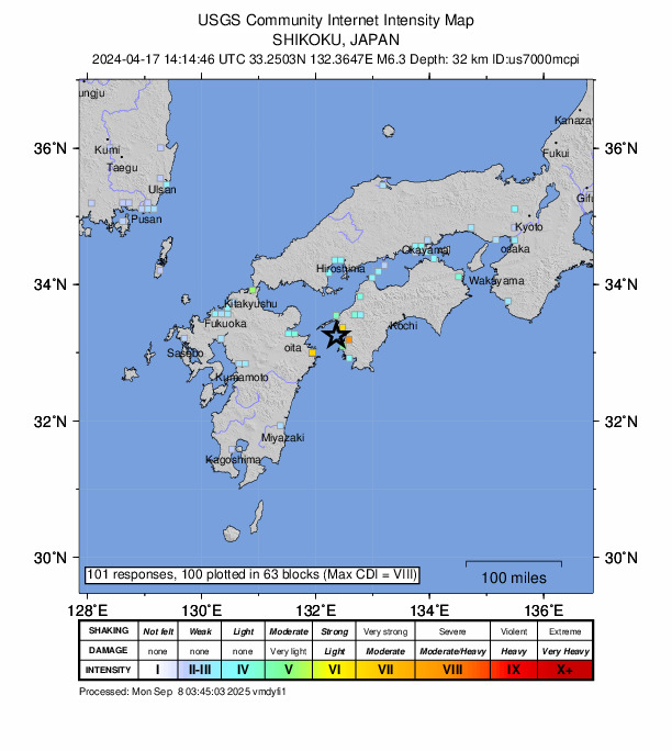 USGS DYFI community-reported intensity map for the M6.3 earthquake near 18 km W of Uwajima, Japan