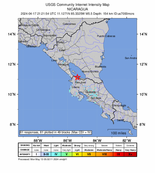 USGS DYFI community-reported intensity map for the M5.5 earthquake near 20 km ESE of Cárdenas, Nicaragua