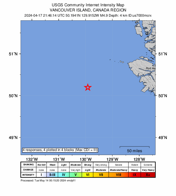 USGS DYFI community-reported intensity map for the M4.9 earthquake near 205 km WSW of Port McNeill, Canada