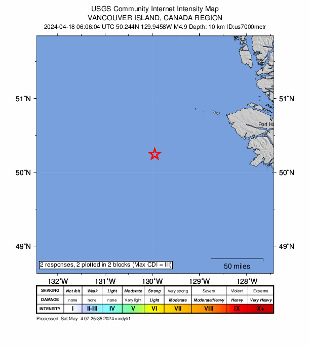 USGS DYFI community-reported intensity map for the M5.1 earthquake near 204 km WSW of Port McNeill, Canada