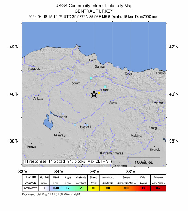 USGS DYFI community-reported intensity map for the M5.6 earthquake near 11 km W of Sulusaray, Turkey