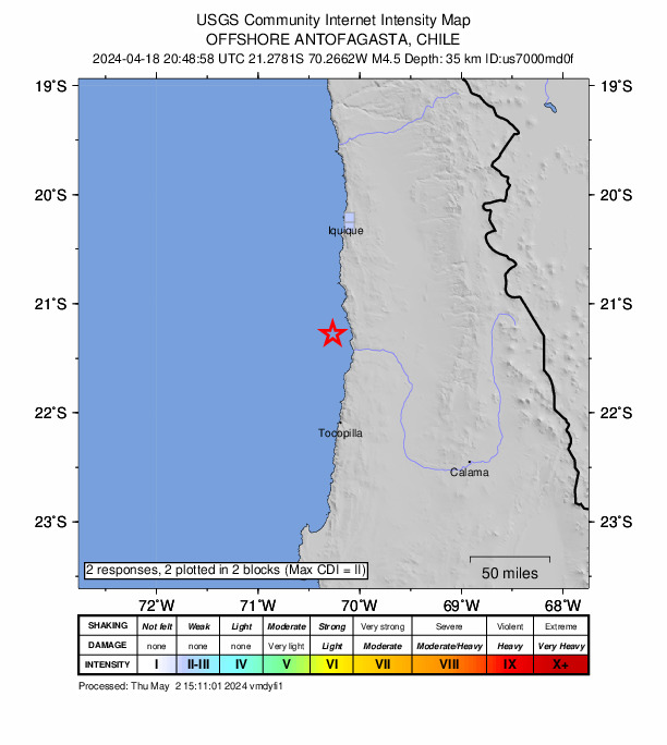 USGS DYFI community-reported intensity map for the M4.5 earthquake near 90 km N of Tocopilla, Chile