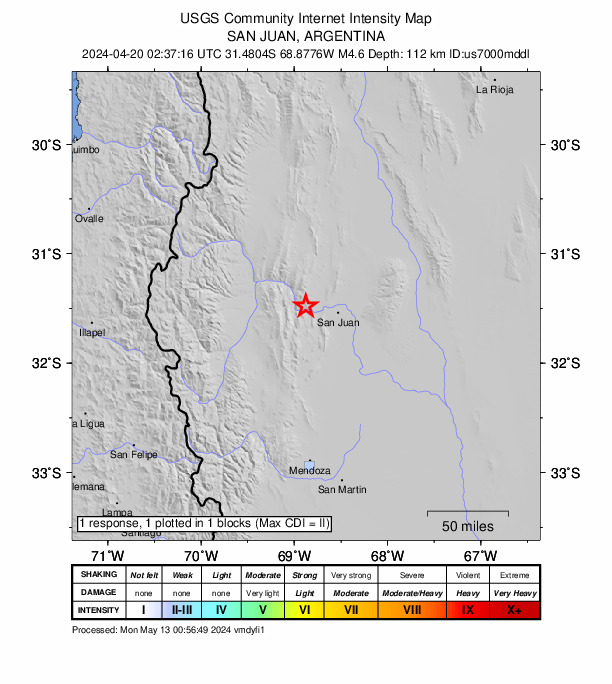 USGS DYFI community-reported intensity map for the M4.6 earthquake near 15 km WNW of Villa Basilio Nievas, Argentina
