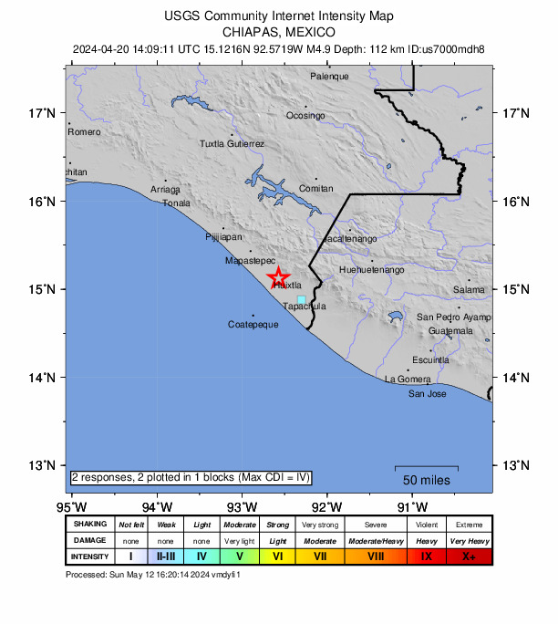 USGS DYFI community-reported intensity map for the M4.9 earthquake near 4 km ESE of Hidalgo, Mexico