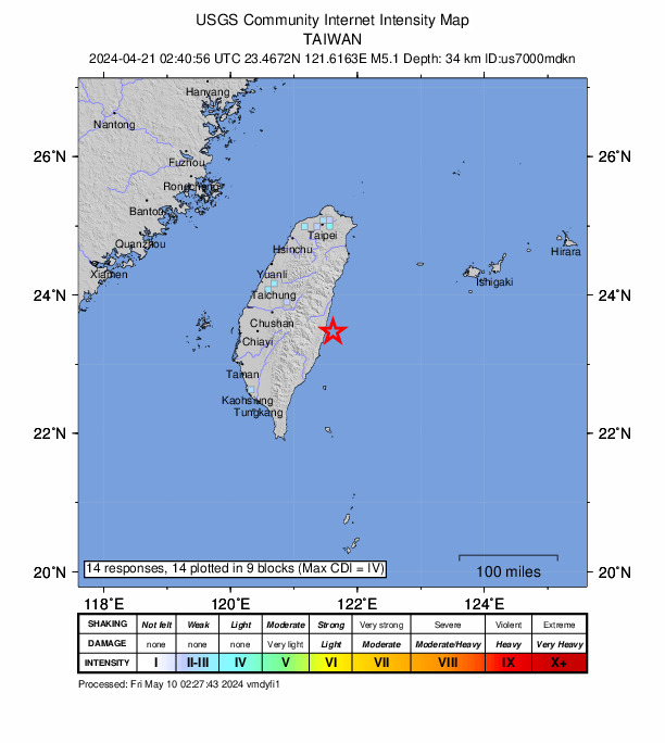 USGS DYFI community-reported intensity map for the M5.1 earthquake near 56 km S of Hualien City, Taiwan