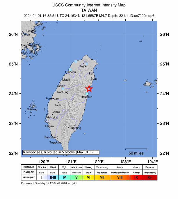 USGS DYFI community-reported intensity map for the M4.7 earthquake near 21 km NNE of Hualien City, Taiwan