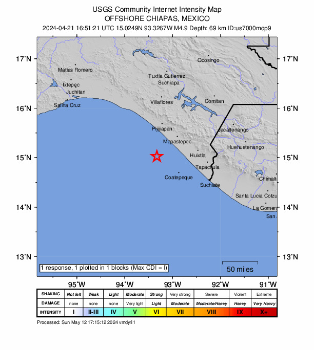 USGS DYFI community-reported intensity map for the M4.9 earthquake near 50 km SSW of La Esperanza (El Zapotal), Mexico