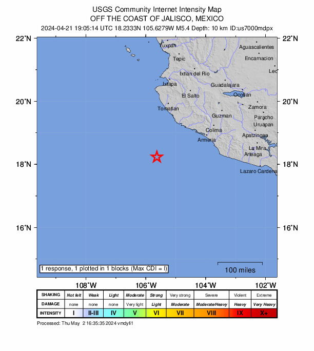USGS DYFI community-reported intensity map for the M5.4 earthquake near 142 km SSW of Emiliano Zapata, Mexico