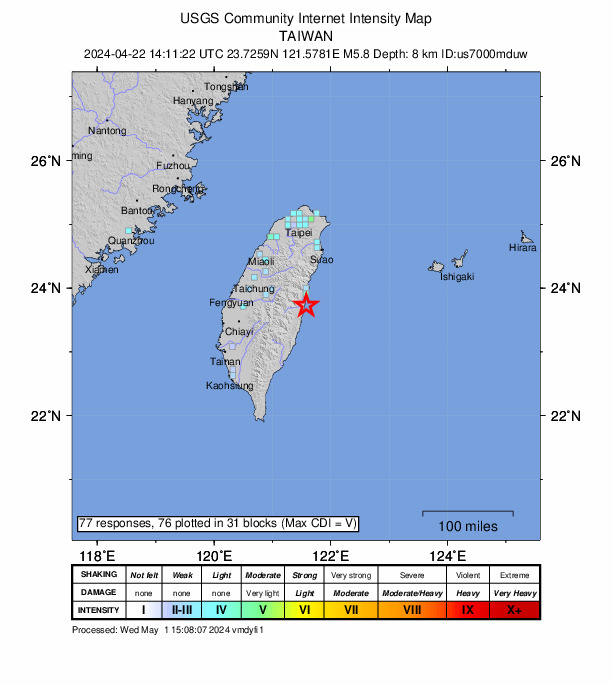 USGS DYFI community-reported intensity map for the M5.8 earthquake near 27 km S of Hualien City, Taiwan