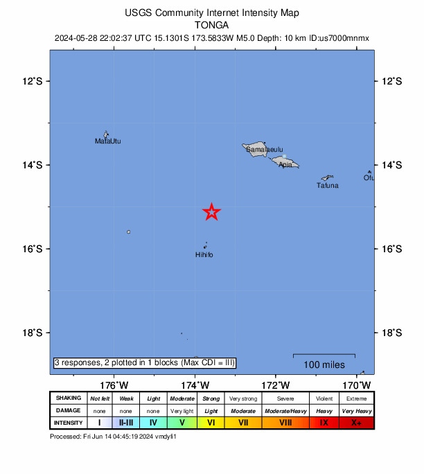 USGS DYFI community-reported intensity map for the M5.0 earthquake near 94 km NNE of Hihifo, Tonga