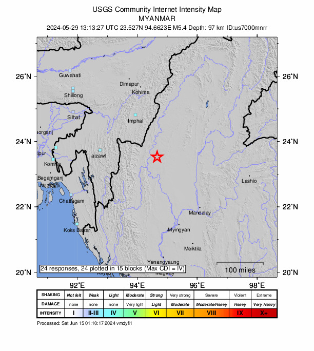 USGS DYFI community-reported intensity map for the M5.4 earthquake near 29 km ESE of Mawlaik, Myanmar