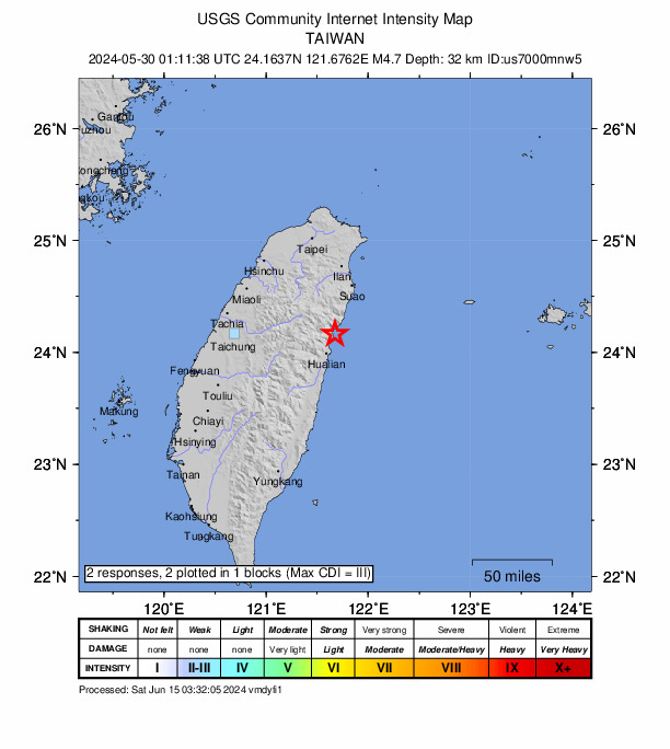 USGS DYFI community-reported intensity map for the M4.8 earthquake near 21 km NNE of Hualien City, Taiwan