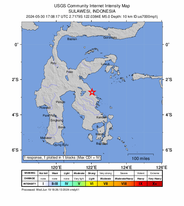 USGS DYFI community-reported intensity map for the M5.0 earthquake near 148 km NNW of Kendari, Indonesia