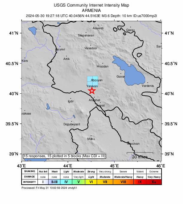 USGS DYFI community-reported intensity map for the M3.6 earthquake near 0 km SSE of Jrashen, Armenia