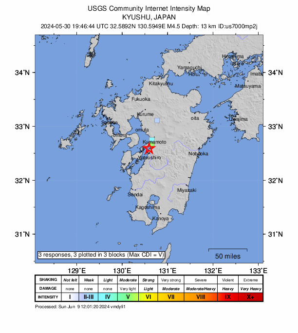USGS DYFI community-reported intensity map for the M4.5 earthquake near 7 km WSW of Uki, Japan