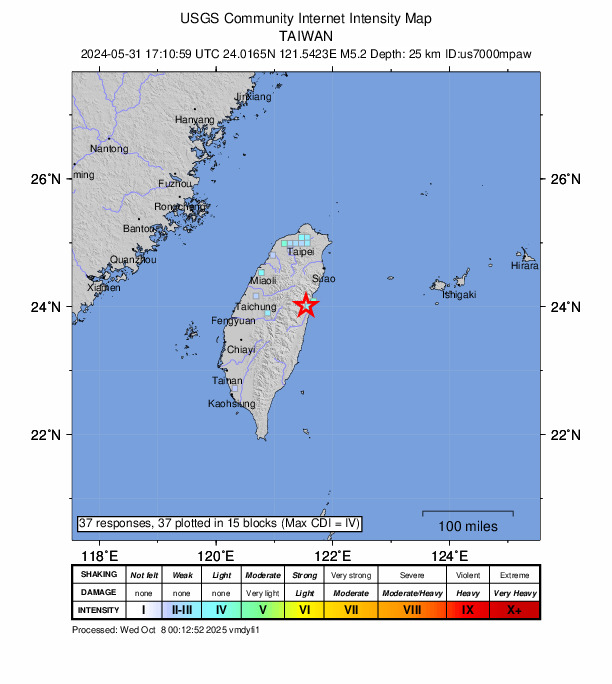 USGS DYFI community-reported intensity map for the M5.2 earthquake near 7 km NW of Hualien City, Taiwan