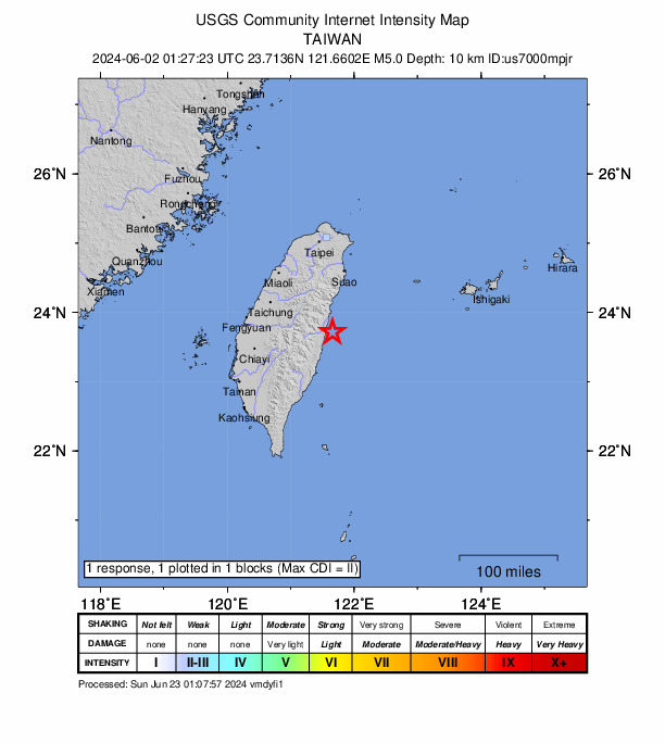 USGS DYFI community-reported intensity map for the M5.0 earthquake near 29 km S of Hualien City, Taiwan