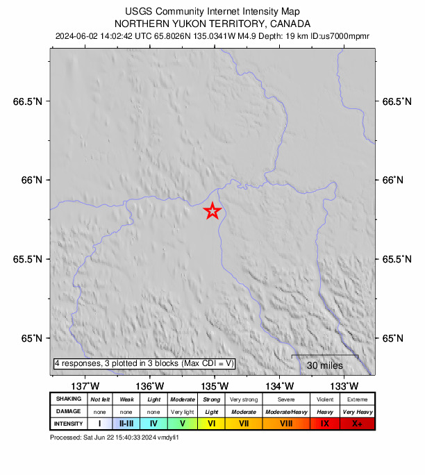 USGS DYFI community-reported intensity map for the M4.9 earthquake near 286 km NE of Dawson City, Canada