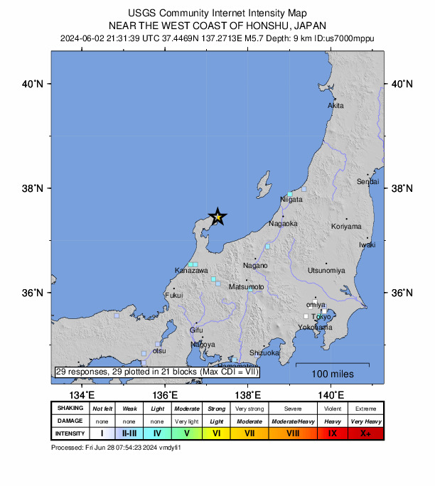 USGS DYFI community-reported intensity map for the M5.7 earthquake near 40 km NE of Anamizu, Japan