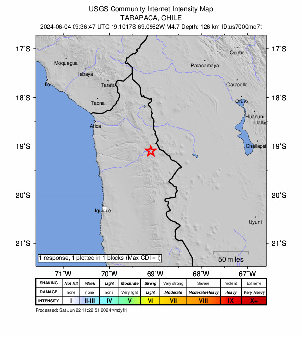 USGS DYFI community-reported intensity map for the M4.7 earthquake near 39 km ENE of Camiña, Chile
