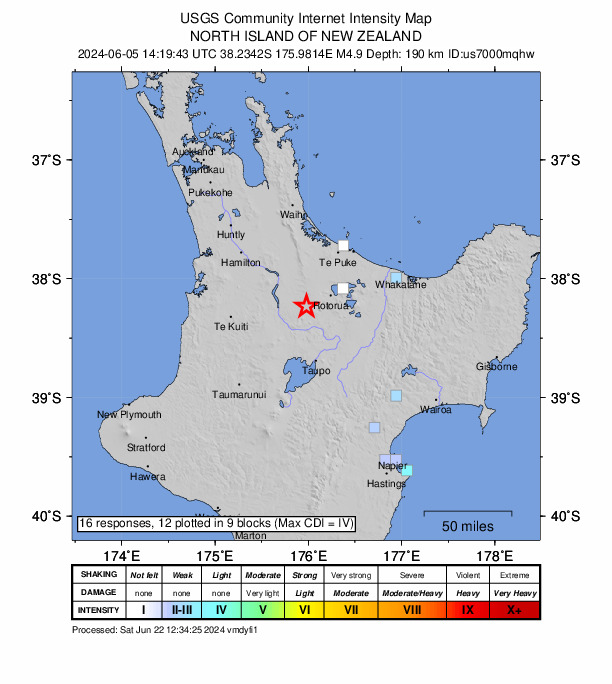 USGS DYFI community-reported intensity map for the M4.9 earthquake near 10 km E of Tokoroa, New Zealand