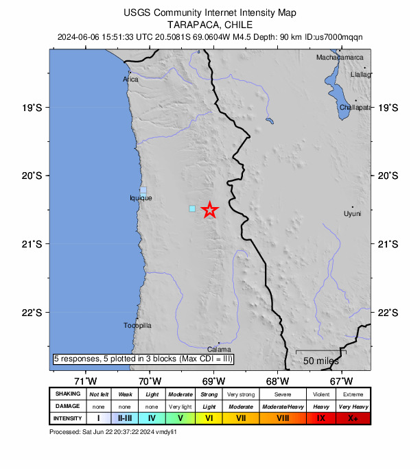USGS DYFI community-reported intensity map for the M4.5 earthquake near 64 km ESE of La Tirana, Chile