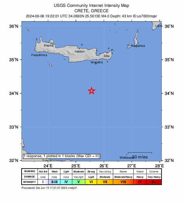 USGS DYFI community-reported intensity map for the M4.0 earthquake near 104 km S of Néa Anatolí, Greece