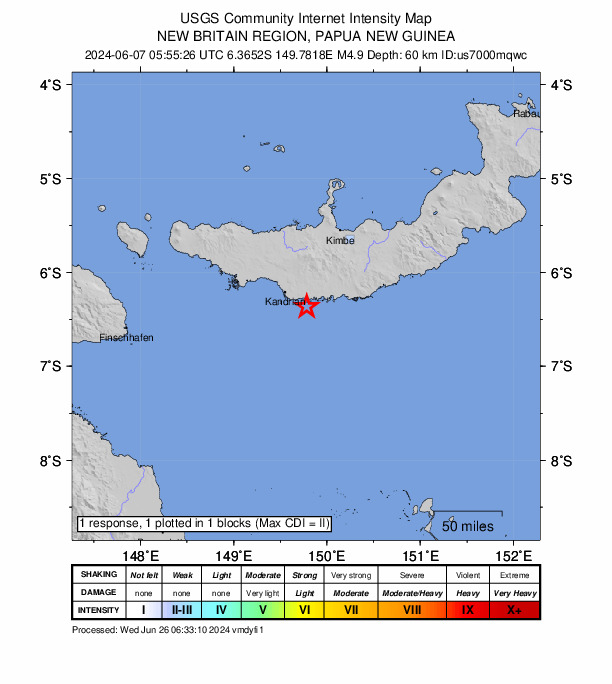 USGS DYFI community-reported intensity map for the M4.9 earthquake near 31 km SE of Kandrian, Papua New Guinea