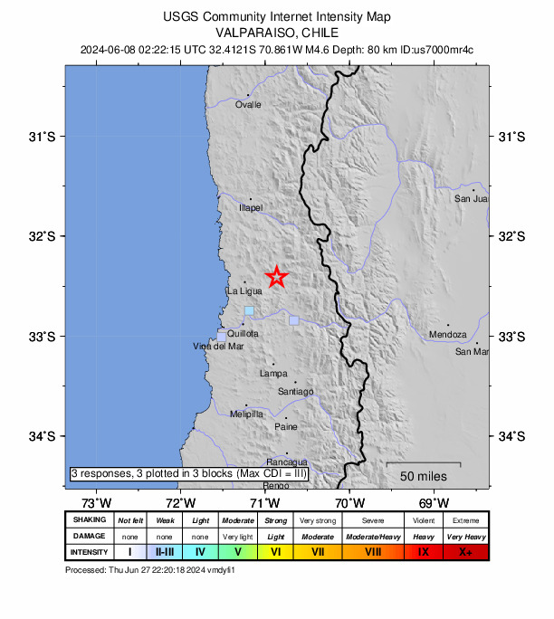USGS DYFI community-reported intensity map for the M4.6 earthquake near 35 km E of La Ligua, Chile