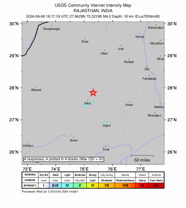 USGS DYFI community-reported intensity map for the M4.0 earthquake near 4 km ESE of Nawalgarh, India