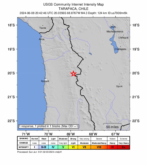 USGS DYFI community-reported intensity map for the M4.3 earthquake near 88 km ENE of La Tirana, Chile