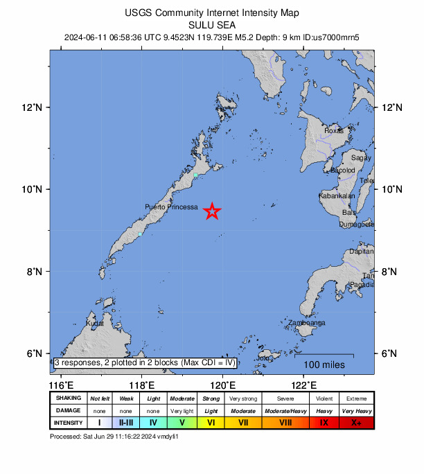 USGS DYFI community-reported intensity map for the M5.2 earthquake near 97 km SE of Caramay, Philippines
