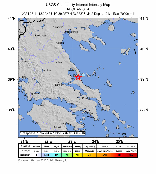 USGS DYFI community-reported intensity map for the M4.2 earthquake near 14 km NE of Istiaía, Greece