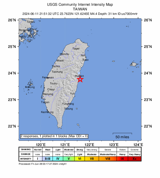 USGS DYFI community-reported intensity map for the M4.4 earthquake near 23 km S of Hualien City, Taiwan