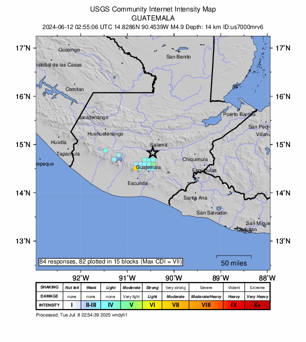 USGS DYFI community-reported intensity map for the M4.9 earthquake near 5 km N of San Pedro Ayampuc, Guatemala