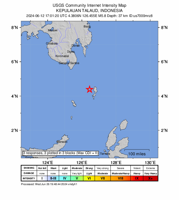 USGS DYFI community-reported intensity map for the M5.8 earthquake near 158 km SE of Sarangani, Philippines