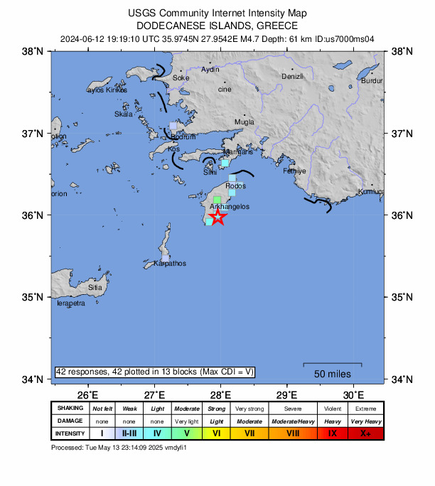 USGS DYFI community-reported intensity map for the M4.7 earthquake near 14 km SSW of Lárdos, Greece