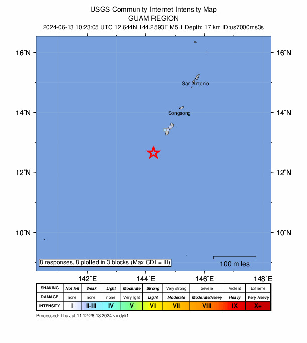 USGS DYFI community-reported intensity map for the M5.1 earthquake near 81 km SSW of Merizo Village, Guam