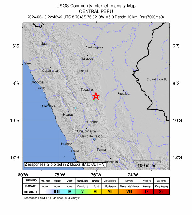 USGS DYFI community-reported intensity map for the M5.0 earthquake near 55 km ESE of Uchiza, Peru
