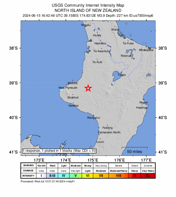 USGS DYFI community-reported intensity map for the M3.9 earthquake near 47 km NNW of Jerusalem, New Zealand