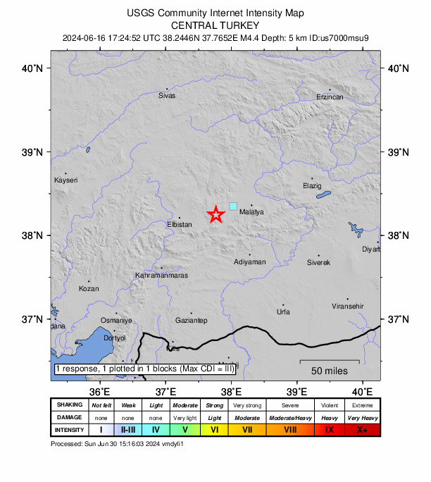 USGS DYFI community-reported intensity map for the M4.4 earthquake near 19 km NNW of Doğanşehir, Turkey