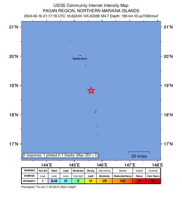 USGS DYFI community-reported intensity map for the M4.7 earthquake near Pagan region, Northern Mariana Islands