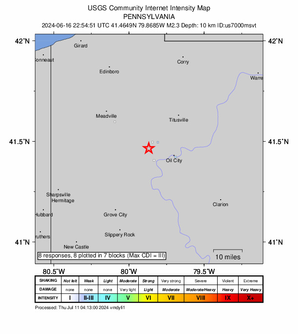 USGS DYFI community-reported intensity map for the M2.3 earthquake near 3 km S of Cooperstown, Pennsylvania