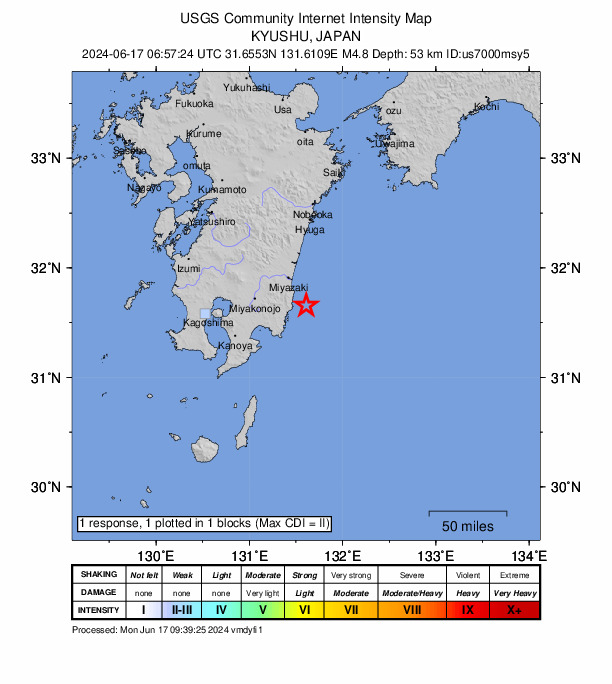USGS DYFI community-reported intensity map for the M4.9 earthquake near 25 km E of Nichinan, Japan