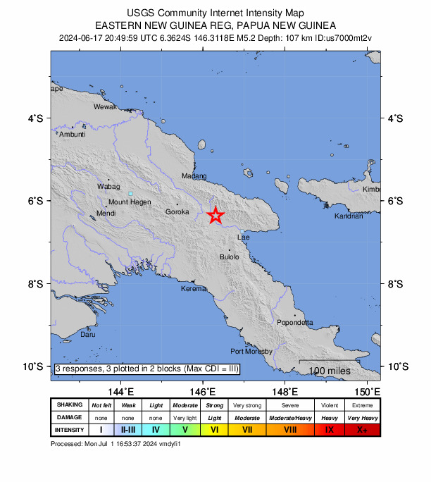 USGS DYFI community-reported intensity map for the M5.2 earthquake near 50 km E of Kainantu, Papua New Guinea