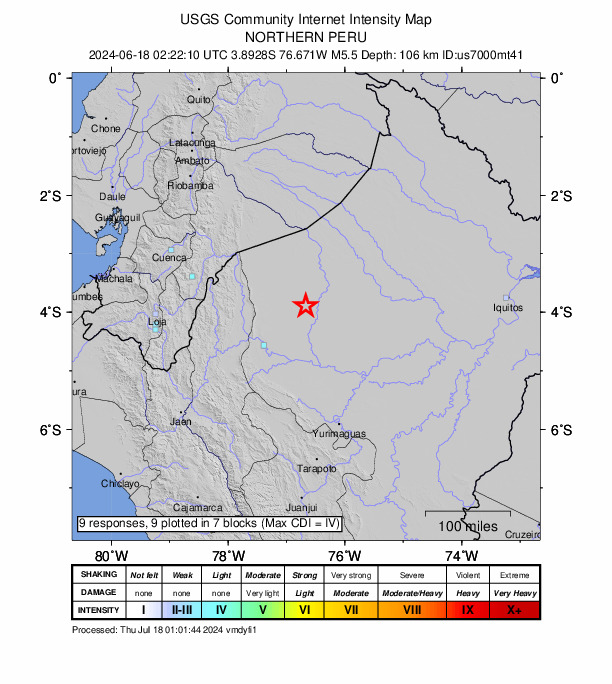 USGS DYFI community-reported intensity map for the M5.5 earthquake near 53 km SSW of Alianza Cristiana, Peru