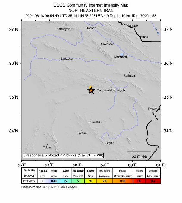 USGS DYFI community-reported intensity map for the M4.9 earthquake near 6 km SE of Kāshmar, Iran