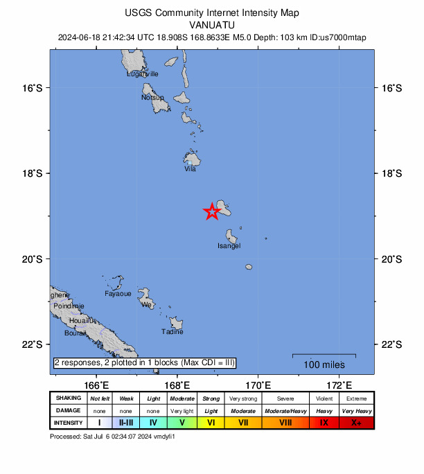 USGS DYFI community-reported intensity map for the M5.0 earthquake near 82 km NNW of Isangel, Vanuatu